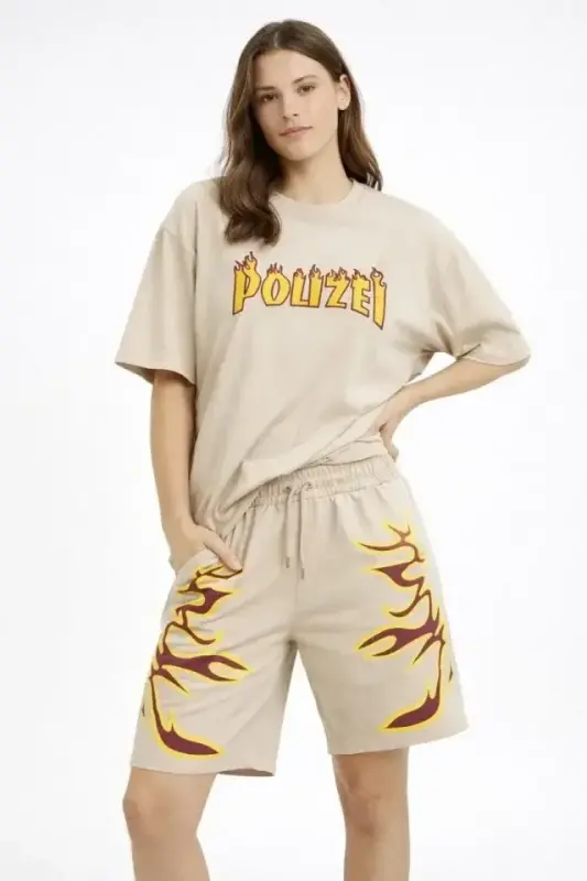 Bej Oversize Baskılı Tişört Şort Takım Cepli Şort Yazlık Rahat Günlük Kombin - Bej - 4