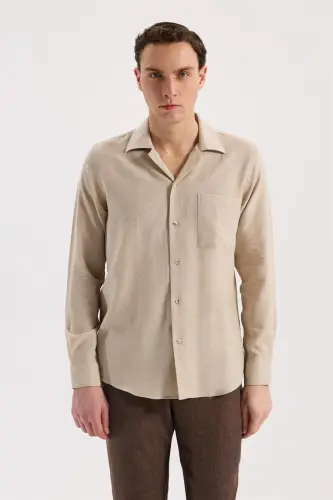 Bej Oversize Cepli Pamuk Karışımlı Gömlek 