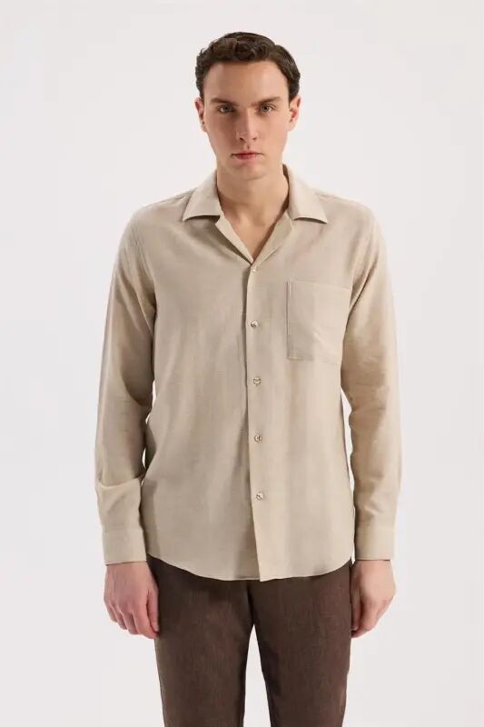 Bej Oversize Cho'ntakli Paxta Aralash Ko'ylak - 1