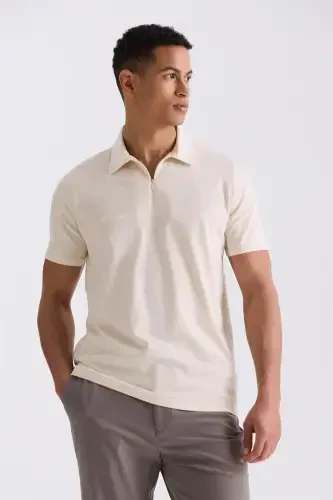 bej rang, slim fit, fermuarlı, polo yoqali футболка 