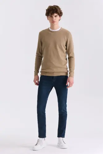 Bej rang Slim Fit velotipli yoqali naqshli triko kozok - 2