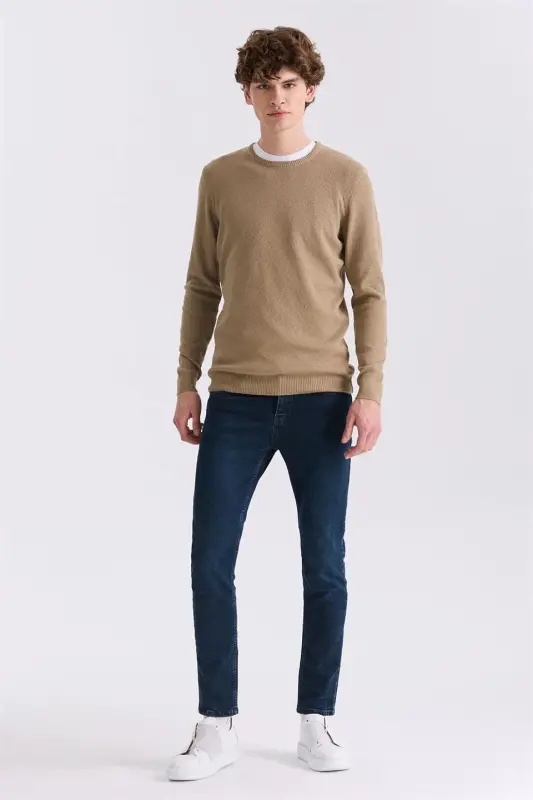 Bej rang Slim Fit velotipli yoqali naqshli triko kozok - 2