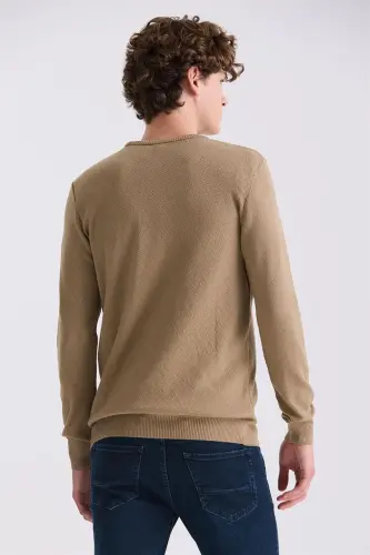 Bej rang Slim Fit velotipli yoqali naqshli triko kozok - 4