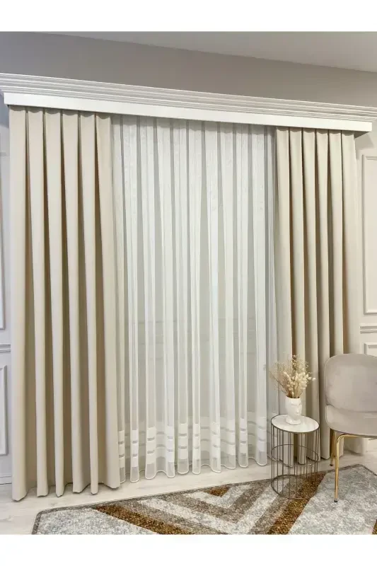 Bej Rang - Zig'ir Ko'rinishli 1/3 Zich Pilili Fon Parda-Bej - 5