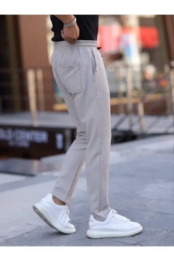 Bej rangli ingich Slim Fit bog'lovchi, elastik bel qismi, tek tek to'g'ri oyoqli, tuzilgan erkaklar uchun jogger shimlari - 4