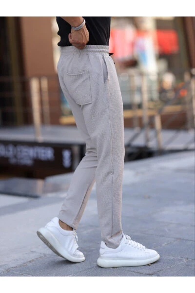 Bej rangli ingich Slim Fit bog'lovchi, elastik bel qismi, tek tek to'g'ri oyoqli, tuzilgan erkaklar uchun jogger shimlari - DOMODA