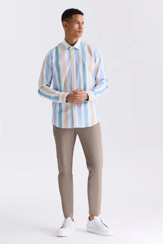 Bej rangli, kalıbı tor (slim fit), chiziqli, 100% paxtali ko'ylak - 2
