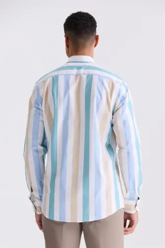 Bej rangli, kalıbı tor (slim fit), chiziqli, 100% paxtali ko'ylak - 4