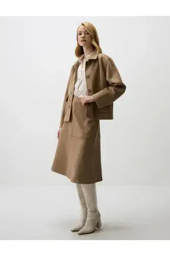 Bej rangli keng kesimli naqshli baxmal midi yubka - JIMMY KEY (1)