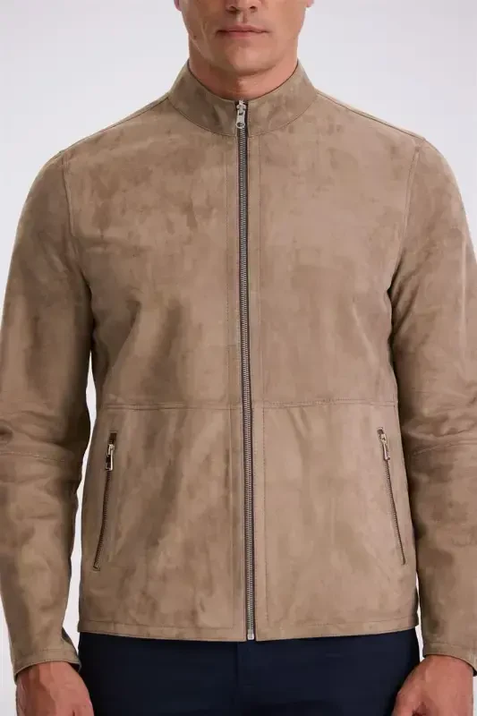 Bej rangli qulay kiyim kiyish Comfort Fit, tik turki va ikki tomonlama 100% charm charm terisi kurtak - 3