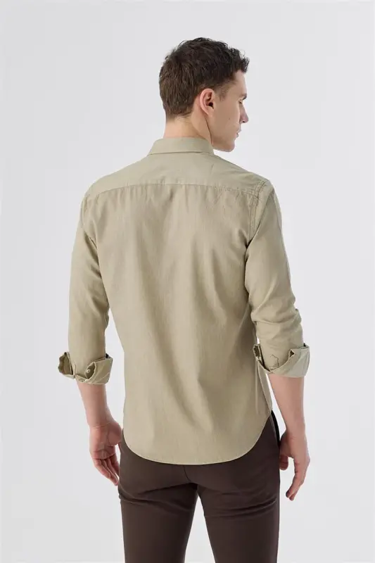 Bej rangli, slim fit, cho'ntakli, tugmali yoqali, 100% paxta ko'ylak - 4
