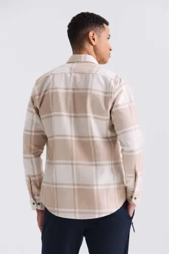 Bej rangli Slim Fit yoqasidan tugmali kichik qafasli ko'ylak - 3