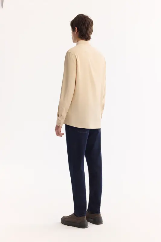 Bej rangli tugmali yoqasi Comfort Fit Tensel ko'ylak B002001 - 4