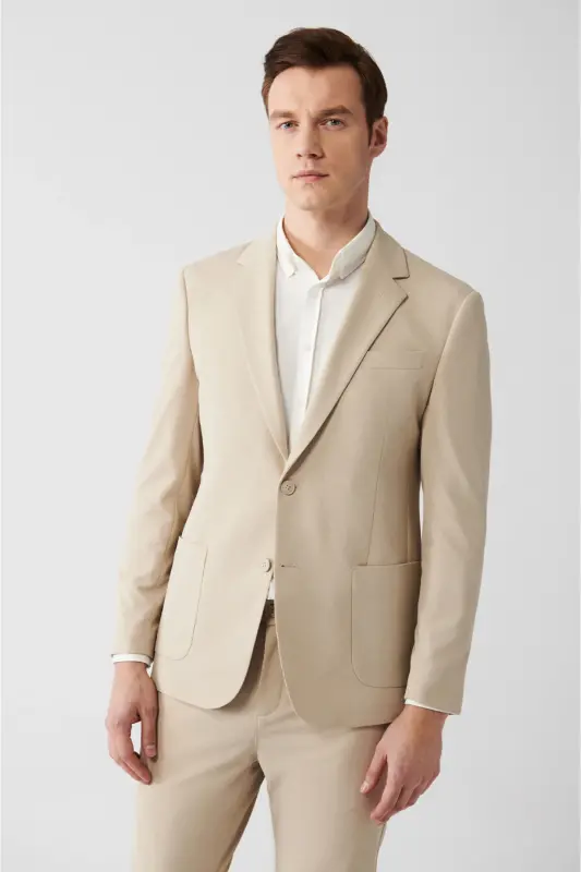 Bej rangli, yirtiq, astarli, slim fit, jersey matosi erkak ko'ylagi. - AVVA