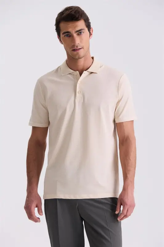 Bej Regular Fit Desenli Polo Yaka T-Shirt - 1