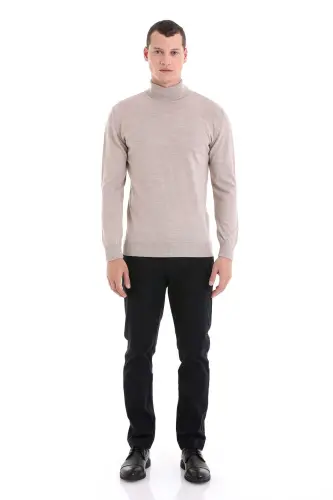 Bej Regular Fit Düz Balıkçı Yaka Yünlü Triko Kazak-Bej - HATEMOĞLU (1)