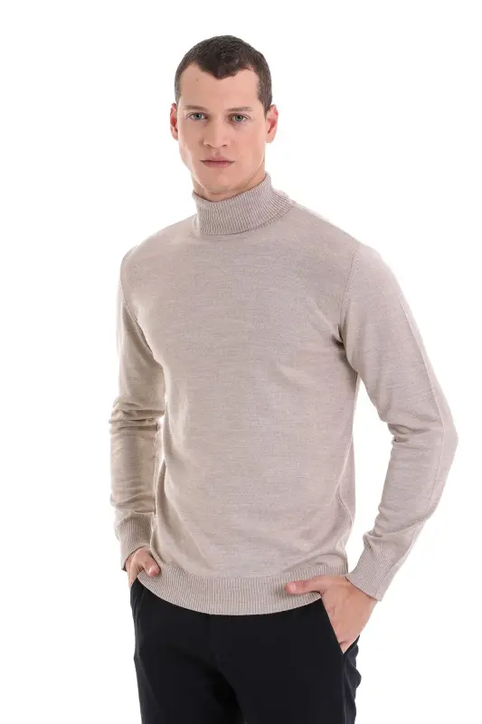 Bej Regular Fit Düz Balıkçı Yaka Yünlü Triko Kazak-Bej - HATEMOĞLU