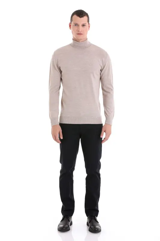 Bej Regular Fit Düz Balıkçı Yaka Yünlü Triko Kazak-Bej - 2