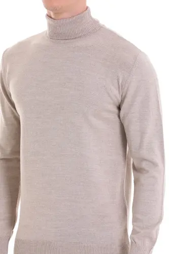 Bej Regular Fit Düz Balıkçı Yaka Yünlü Triko Kazak-Bej - 5