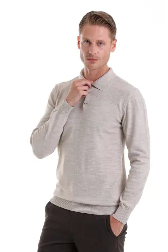 Bej Regular Fit Düz Polo Yaka Triko Kazak-Bej 