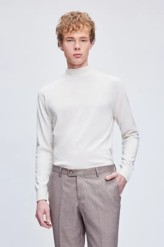 Bej Regular Fit Düz Yarım Balıkçı Yaka Yünlü Triko Kazak-Bej - 1