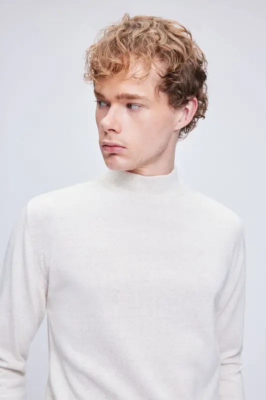 Bej Regular Fit Düz Yarım Balıkçı Yaka Yünlü Triko Kazak-Bej - 3