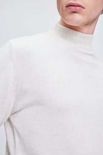 Bej Regular Fit Düz Yarım Balıkçı Yaka Yünlü Triko Kazak-Bej - 4