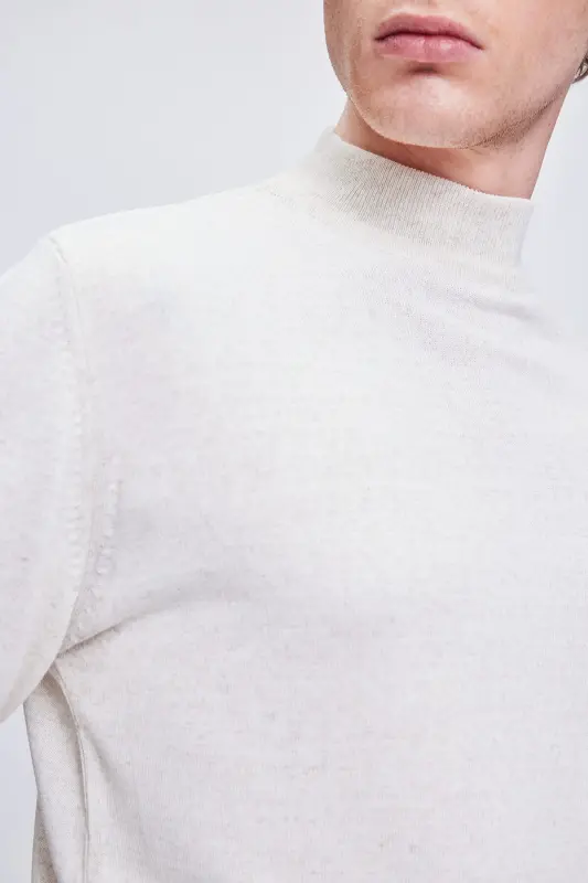 Bej Regular Fit Düz Yarım Balıkçı Yaka Yünlü Triko Kazak-Bej - 4