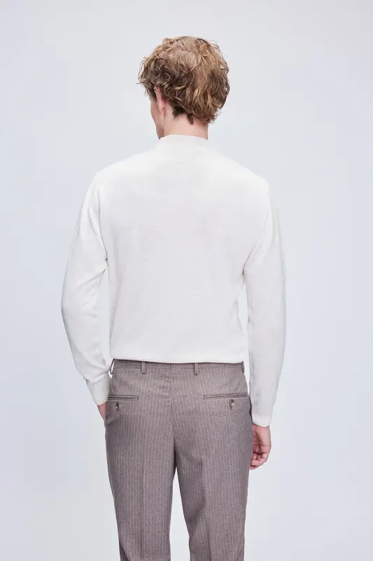 Bej Regular Fit Düz Yarım Balıkçı Yaka Yünlü Triko Kazak-Bej - 5