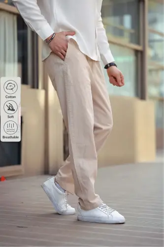 Bej Renk Erkek Yazlık Keten Karışımı Relaxed Pantolon Bej - Bej - 1