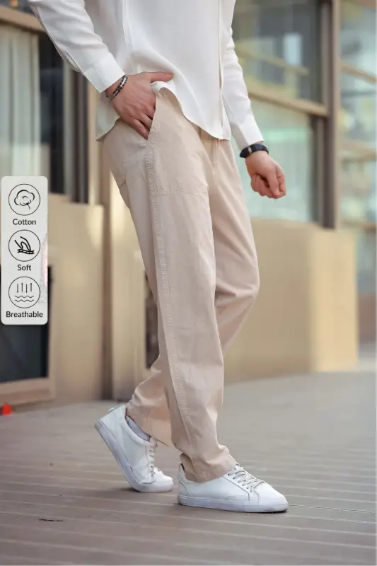 Bej Renk Erkek Yazlık Keten Karışımı Relaxed Pantolon Bej - Bej - COMBİNE MİCHAİL