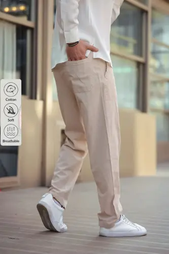 Bej Renk Erkek Yazlık Keten Karışımı Relaxed Pantolon Bej - Bej - 4