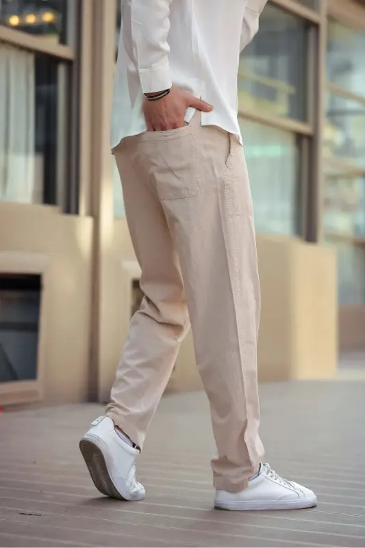 Bej Renk Erkek Yazlık Keten Karışımı Relaxed Pantolon Bej - Bej - 5
