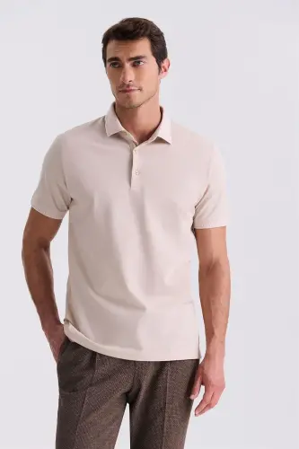 Bej Slim Fit 100% Paxta Merserize Polo Yoqali T-shirt 
