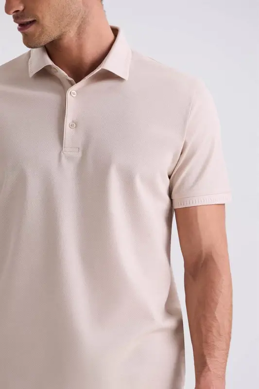 Bej Slim Fit 100% Paxta Merserize Polo Yoqali T-shirt - 3