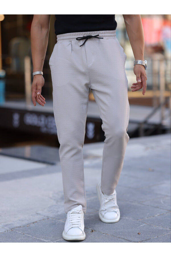 Bej Slim Fit Bağcıklı, Beli Lastikli Düz Paça, Dokulu Erkek Jogger Pantolon - Bej - 2