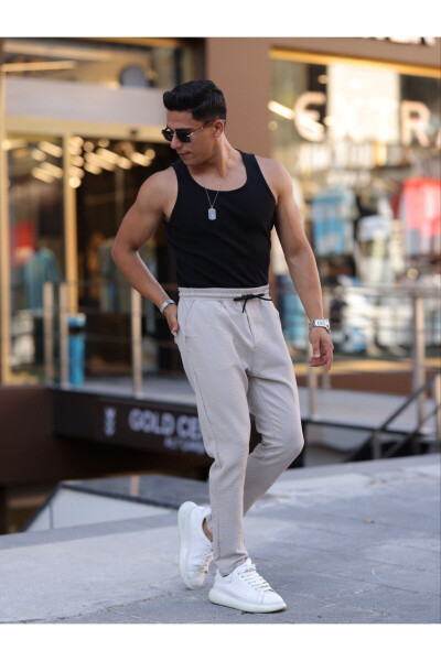 Bej Slim Fit Bağcıklı, Beli Lastikli Düz Paça, Dokulu Erkek Jogger Pantolon - Bej - 3