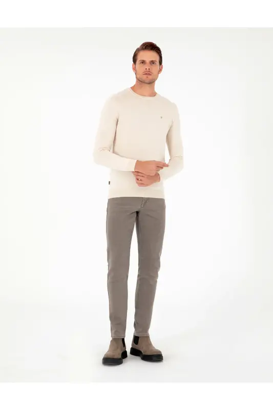 Bej Slim Fit Bisiklet Yaka Basic Triko Kazak 50296621-VR011 - Bej - 4
