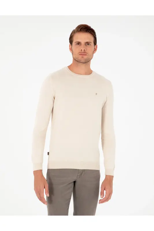 Bej Slim Fit Bisiklet Yaka Basic Triko Kazak 50296621-VR011 - Bej - Pierre Cardin