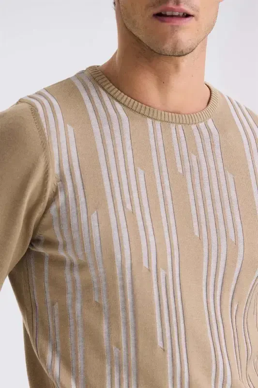 Bej Slim Fit Bisiklet Yaka Desenli Triko Kazak - 3