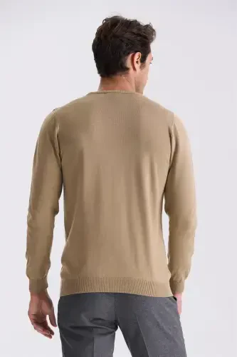 Bej Slim Fit Bisiklet Yaka Desenli Triko Kazak - 4