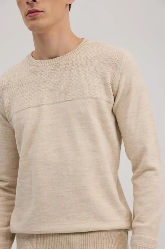 Bej Slim Fit Bisiklet Yaka Triko - 3