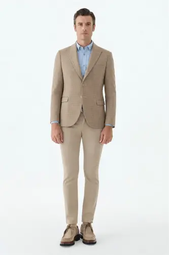 Bej Slim Fit Ceket Sivri Yaka Ekoseli Ceket - 1