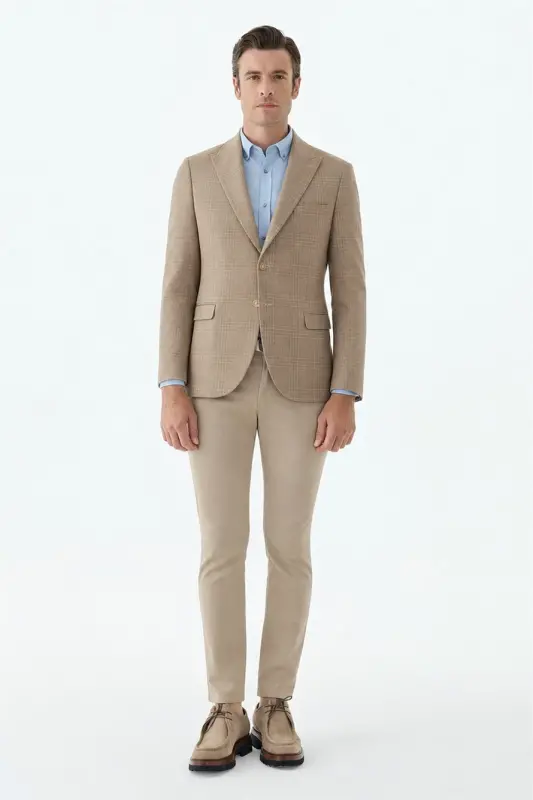 Bej Slim Fit Ceket Sivri Yaka Ekoseli Ceket - 1