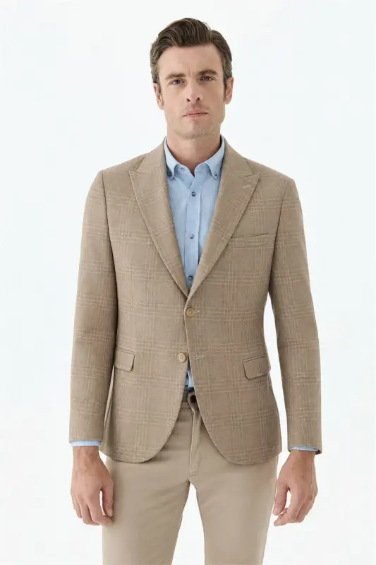 Bej Slim Fit Ceket Sivri Yaka Ekoseli Ceket - 2