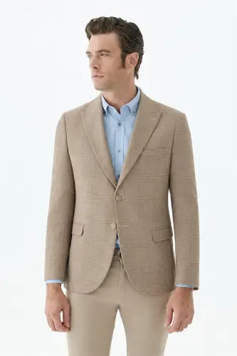 Bej Slim Fit Ceket Sivri Yaka Ekoseli Ceket - 3