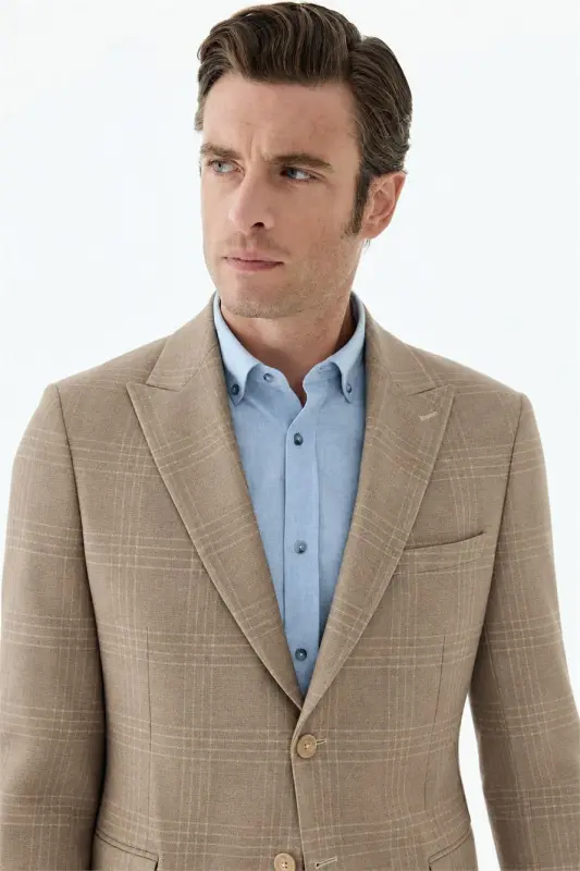 Bej Slim Fit Ceket Sivri Yaka Ekoseli Ceket - 4
