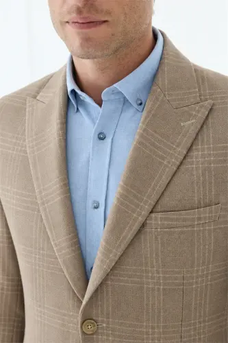 Bej Slim Fit Ceket Sivri Yaka Ekoseli Ceket - 5