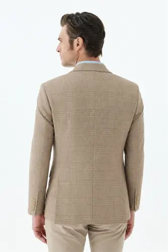 Bej Slim Fit Ceket Sivri Yaka Ekoseli Ceket - 6