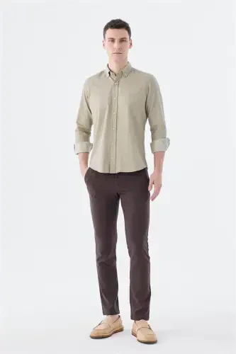 Bej Slim Fit Cepli Düğmeli Yaka %100 Pamuk Gömlek - 2